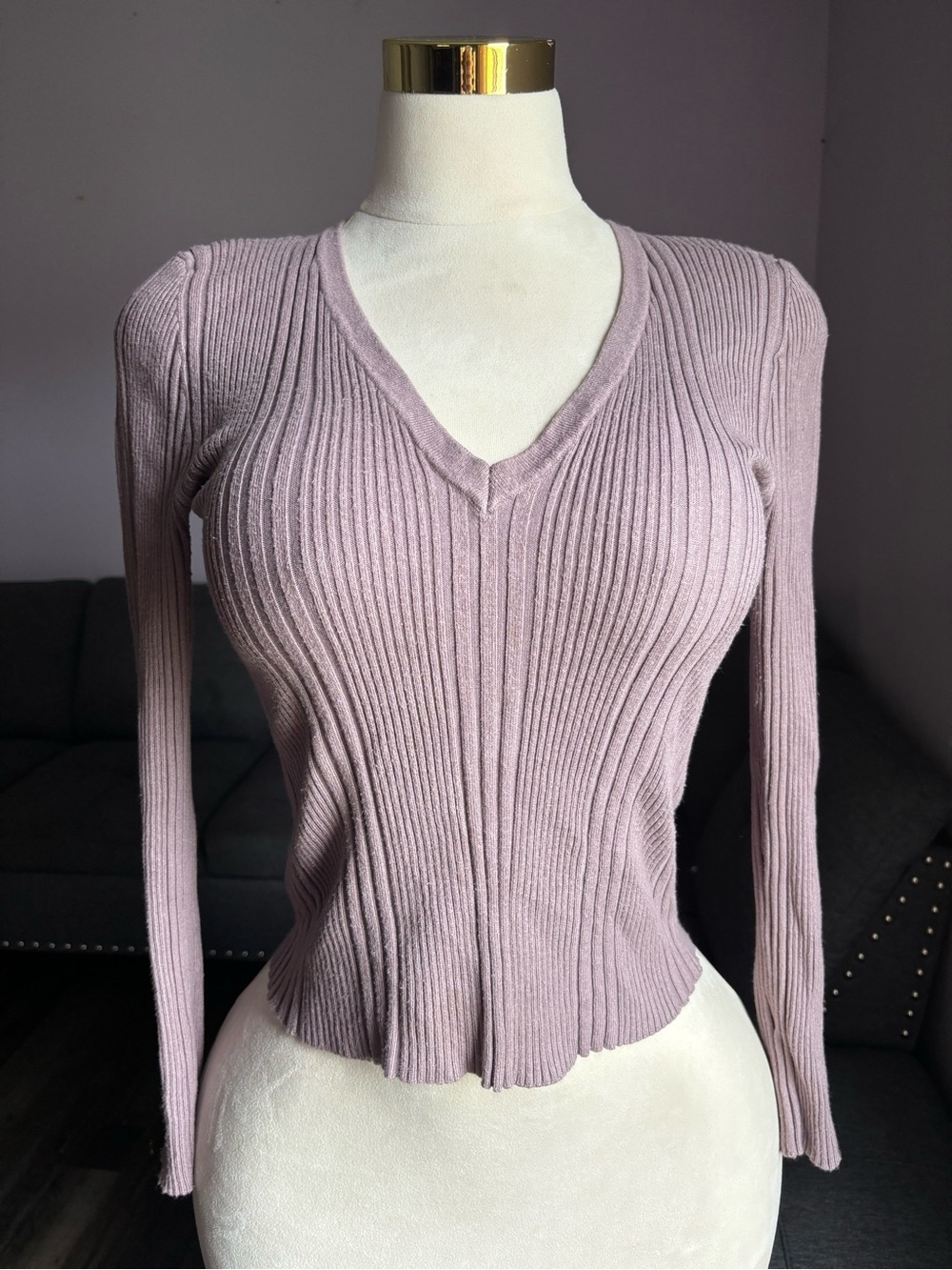 Forever 21 Ribbed V-Neck Long Sleeve Top - Mauve